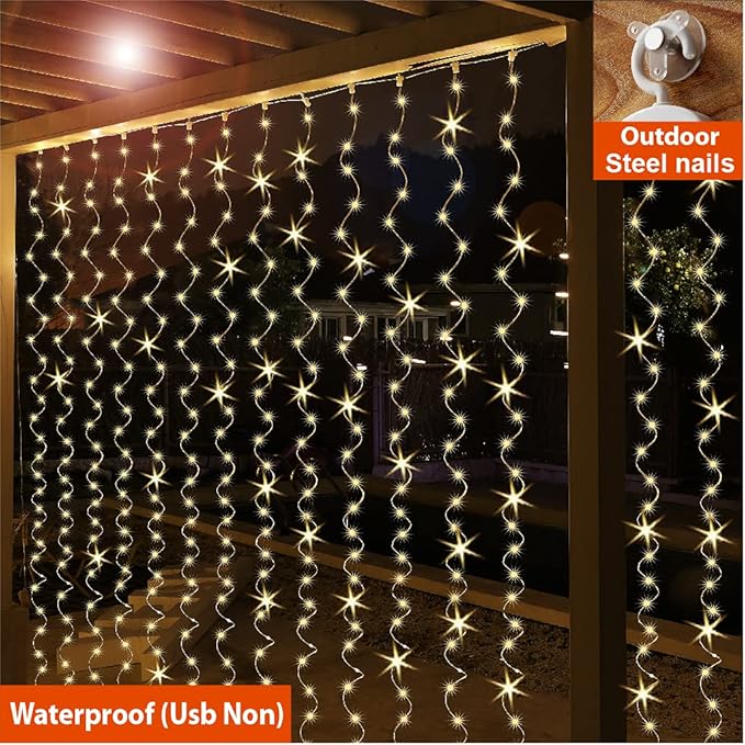 ZSJWL 6.5×9.8ft Curtain String Lights, USB Plug Fairy Lights Remote Dimmable Control, 8 Flashing Modes Waterproof Lights for Window Christmas Bedroom Party Wedding Garden Wall(Warm White)