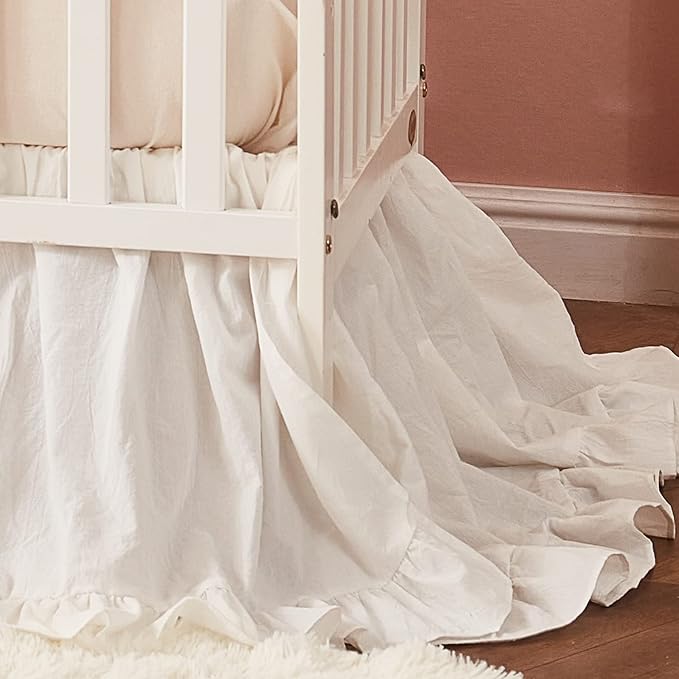 Brandream Baby Crib Bedding Set for Girls Boys Gender Neutral Boho Bohemian Farmhouse Chic Ruffle 6-Piece Nursery Bedding Set - 100% Washed Cotton Cream White