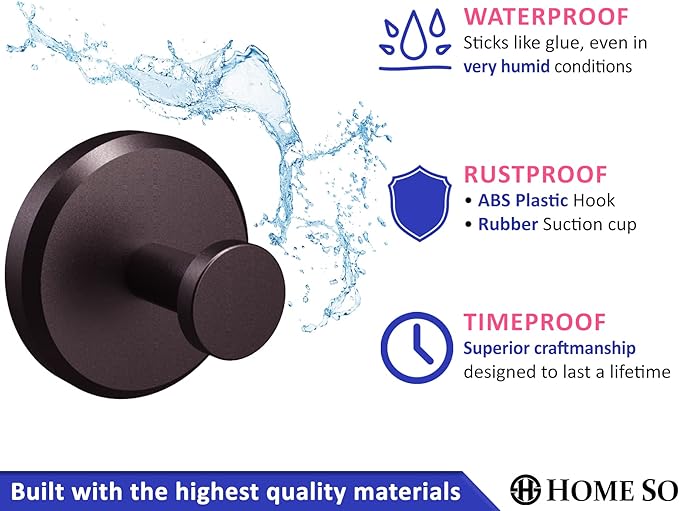 HOME SO Suction Cup Hooks for Shower, Bathroom, Kitchen, Glass Door, Mirror, Tile – Loofah, Towel, Coat, Bath Robe Hook Holder for Hanging up to 15 lbs – Waterproof & Rustproof, Dark Bronze (4-Pack)