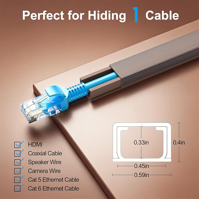 Yecaye Cord Hider, 113in Cord Covers for Wires on Wall, One-Cord Cord Organizer, Easy Install Cable Management Kit, Cable Cover Home Office, W0.59in H0.4in, Cherry