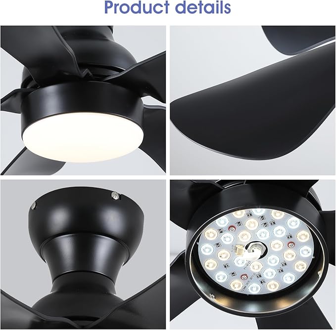 Ceiling Fans with Lights and Remote/APP Control, 30 inch Low Profile Ceiling Fans with Dimmable White Colors and RGB Lighting, 6 Speeds 5 Curved Blades for Kids Room Bedroom Bar, Black