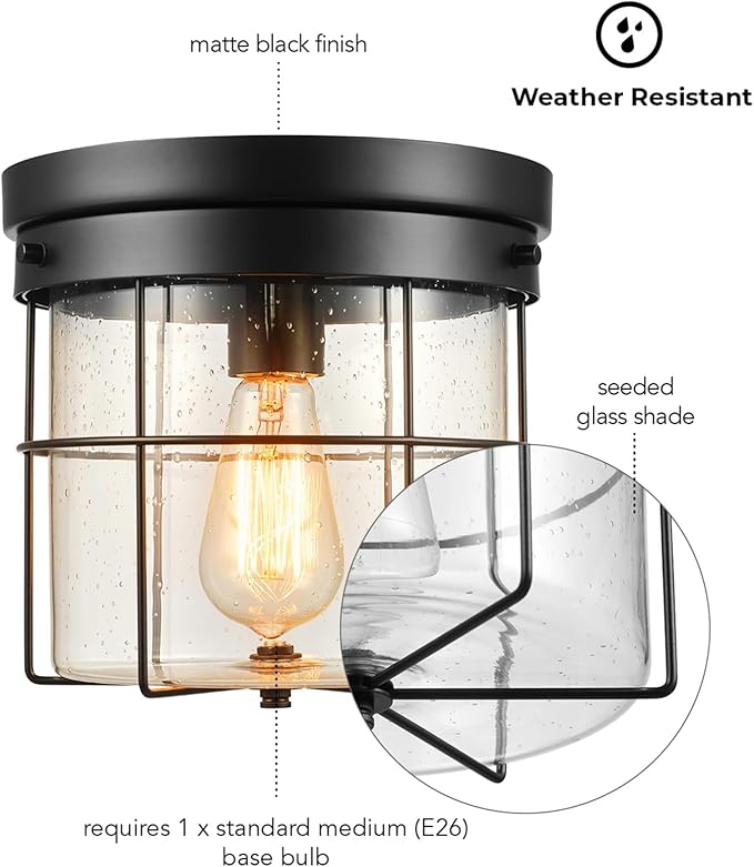 GLOBE Electric 60000162 1-Light Outdoor Flush Mount, Matte Black, Seeded Glass Shade, Thin Frame