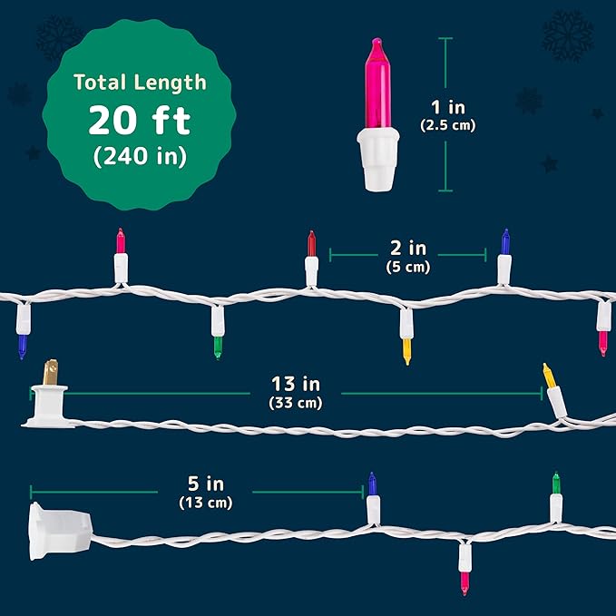 PREXTEX Multicolor String Lights (20 Feet, 100 Count) with White Cord - Indoor and Outdoor Colorful Twinkle Lights for Holiday Decor