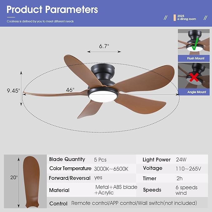 46 Inch Modern Ceiling Fans with Lights, Flush Mount Ceiling Fan with Light and Remote/APP Control, 5 Reversible 6 Speeds Curved Blades, 3 CCT Dimmable Lights for Kids Room, Brown