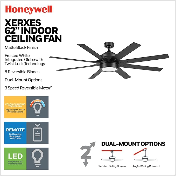 Honeywell Ceiling Fans Xerxes, 62 Inch Modern Indoor Ceiling Fan with Lights and Remote Control, Color Changing LED, 8 Dual Finish Blades, Reversible Motor - 51904-01 (Black)