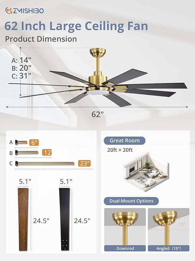 ZMISHIBO 62 Inch Black and Gold Ceiling Fans with Lights and Remote, Indoor/Outdoor Ceiling Fan for Patio Living Room, 6 Speed Reversible Quiet DC Motor, 3 CCT, Dual Finish Blades