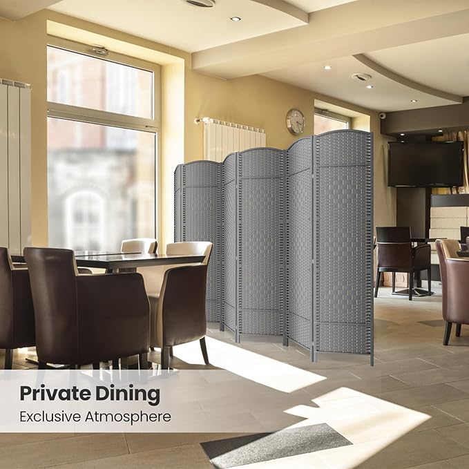 Folding Room Divider, Weave Fiber Privacy Screen, Extra Wide Room Screen Divider Separator, Decorative Separation Wall Divider, Freestanding Room (Grey, 6-Panel)