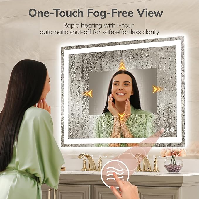 USHOWER LED Bathroom Mirror 48x36 Inch with Lights - Frameless Tempered Glass LED Backlit Lighted Mirror for Bathroom Vanity with Anti-Fog, 3 Colors Dimmable, Memory Function, Wall-Mounted