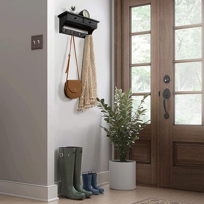 Emfogo Wood Coat Hooks Wall Mounted, Rustic Style with 4 Hooks & Shelf for Entryway, Mudroom, Bedroom, Kitchen, Bathroom (Black)