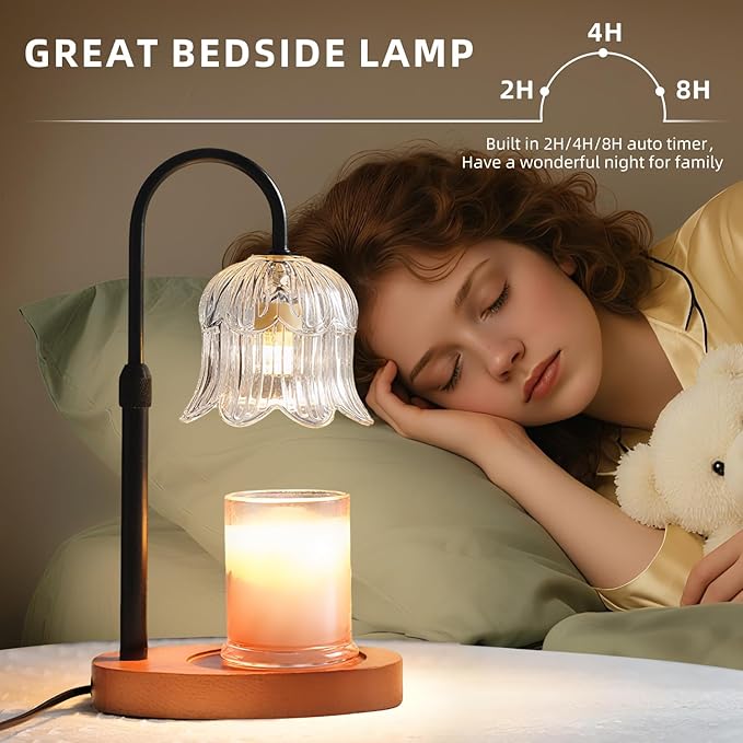 Candle Warmer Lamp with Timer: Adjustable Dimmable Height Adjustable - Flower Shape Wax Lamp Jar Candles Modern Home Decor Table Lights Glass Lampshade - Bedroom Decor