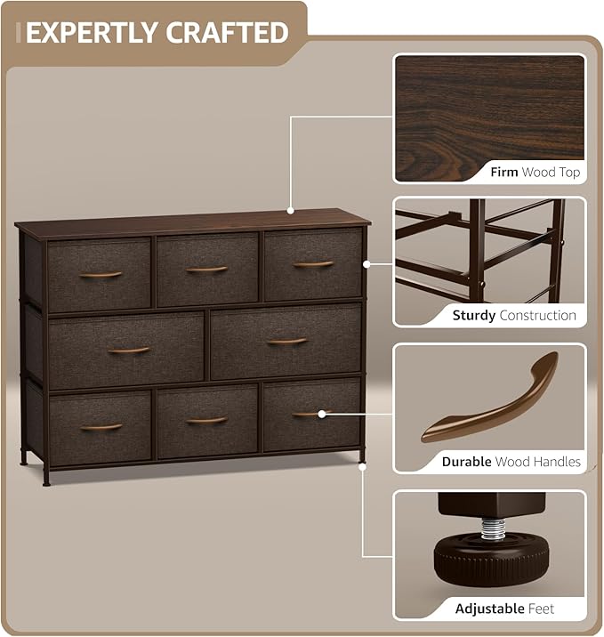 Sorbus Dresser with 8 Drawers - Chest Organizer Unit with Steel Frame Wood Top & Handle Easy Pull Fabric Bins for Clothes - Wide Storage Furniture for Bedroom, Hallway, Living Room, Nursery & Closet