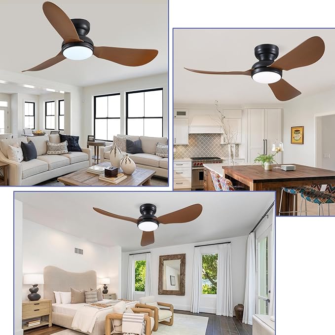 46 Inch Modern Ceiling Fans with Lights, Flush Mount Ceiling Fan with Remote/APP Control, 3 Reversible Curved Blades, 6 Speeds, 3 CCT, Dimmable LED Lights for Living Room Bedroom, Brown