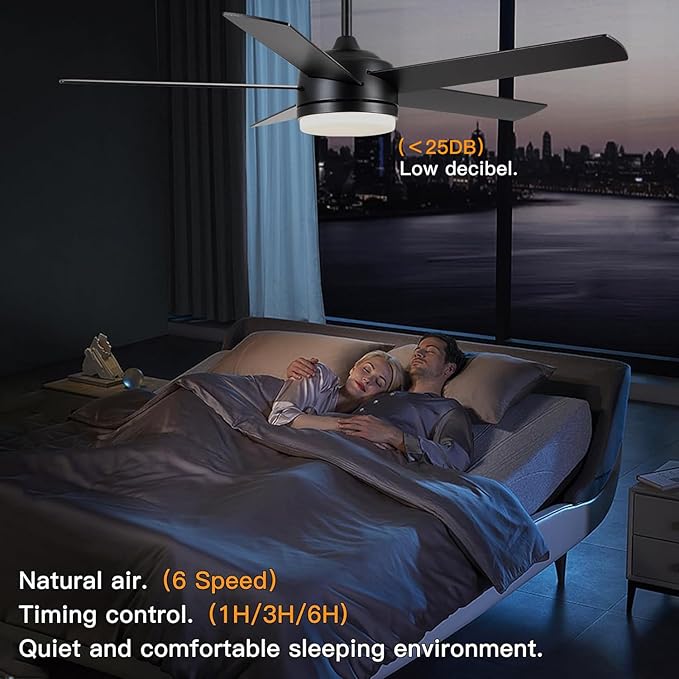 YUHAO 52 Inch Black Ceiling Fan with Light and Remote Control.Noiseless,Dimmable,3CCT,6 Speeds Reversible, DC Ceiling Fans for Indoor or Covered Outdoor