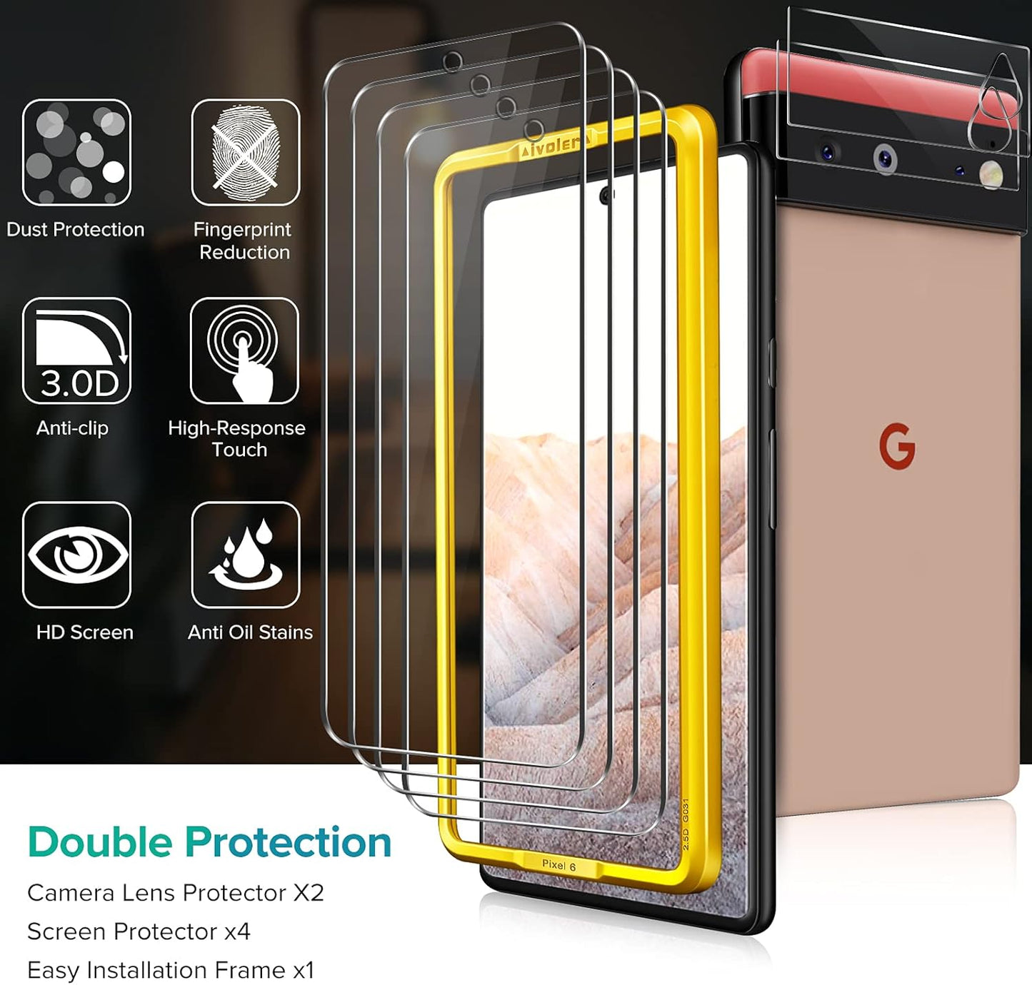 ivoler [4+2 Pack] Screen Protector for Google Pixel 6 with Camera Lens Protector, Tempered Glass, Easy Installation, HD