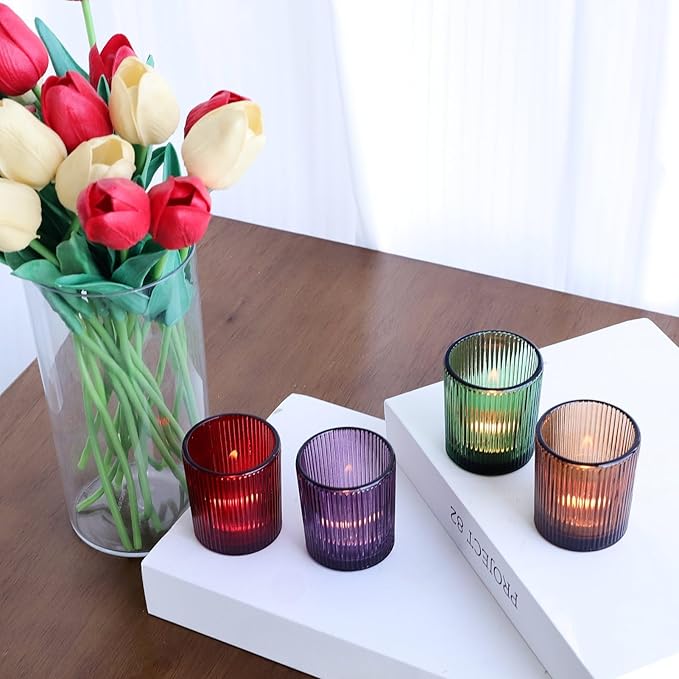 VOHO 4 Colors Ribbed Votive Candle Holders for Fall Decor, Set of 12 Tealight Candle Holder Easter/Halloween/Thanksgiving Decorations, Christmas Tea Light Candle Holder Glass Dining Table Centerpiece