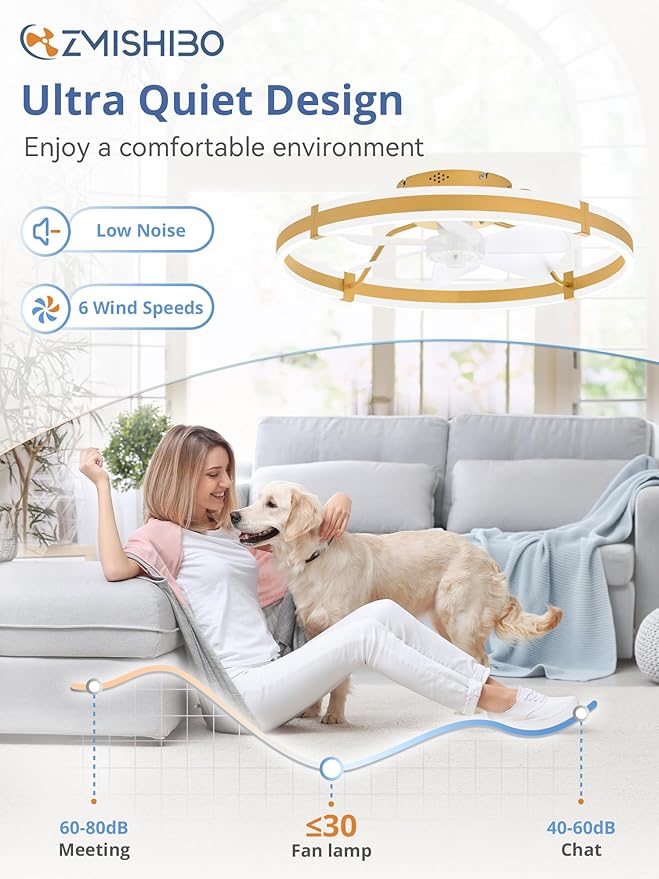 ZMISHIBO 24 Inch Ceiling Fans with Lights and Remote, Modern Low Profile Ceiling Fan, 3000-6000K Dimmable Flush Mount LED Fan Light, 6 Wind Speeds, Fandelier Ceiling Fans for Bedroom- Gold