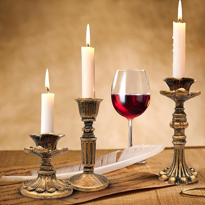 GEMLORD 6 Pcs Vintage Candlestick Holders for Taper, Resin Candle Holder Retro Antique Bronze Candle Holder for Wedding Party Anniversary Table Fireplace Home Decoration (3 Style)