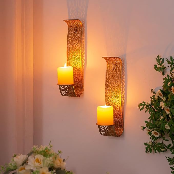 Sziqiqi Gold Candle Sconces Wall Decor Set of 2 - Rustic Pillar Wall Candle Holder for Farmhouse Vintage Hallway Wall Decor Decorative Bathroom Metal Candle Sconces