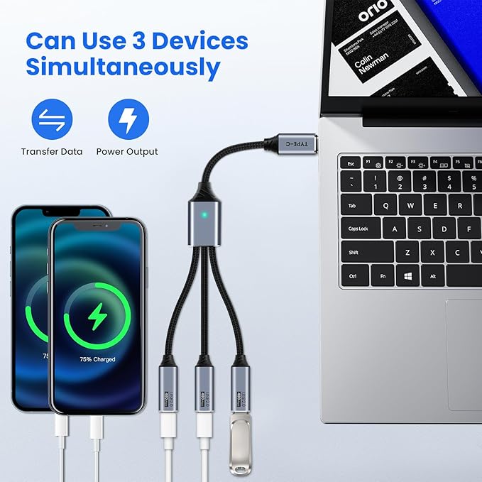 USB C Splitter 3 Port with USB Adapter for Data Transfer, USB-C Splitter for Charging, Male to Multi Type-C Female Cable Compatible with Smartphone, PC, Flash Drive, Keyboard, Printer