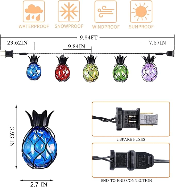 Vigdur Pineapple String Lights - Outdoor Patio Lights Plug in with 10 Pineapple Bulbs Connectable, Indoor String Light for Bedroom Bistro Tiki Decor(10FT