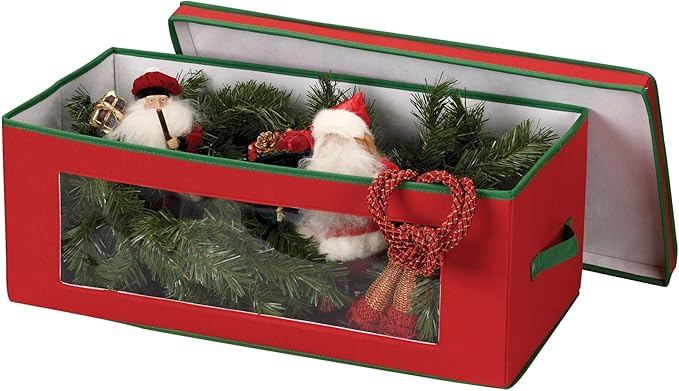 Household Essentials Ornament Storage Box, 36 Piece with Dividers, Sturdy and Stackable with Handles and Clear Plastic Window, Red Polyester Linen with Green Trim
