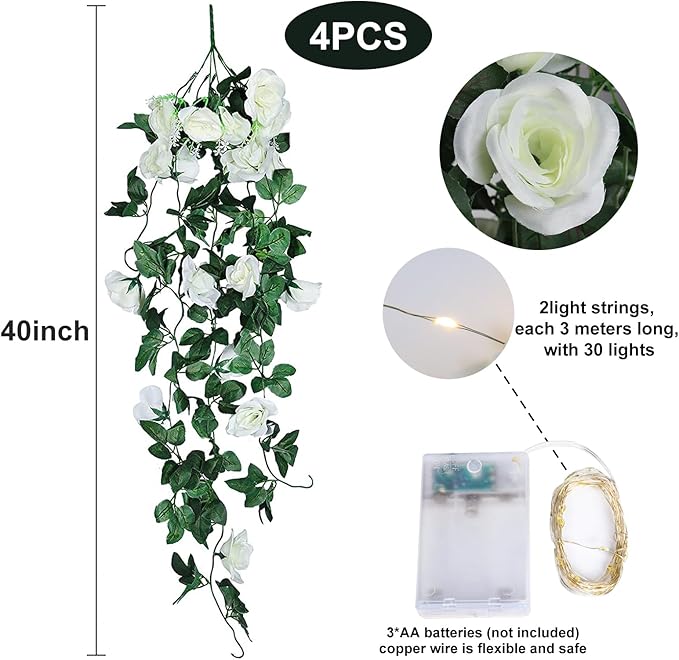 RECUTMS Artificial Rose Vine Plants Hanging 4Pieces 3.3Ft,Fake Light up Vines with 30 LED Lights Decor for Home, Office,Room, Door, Garden,Porch, Wedding Decoration (White)