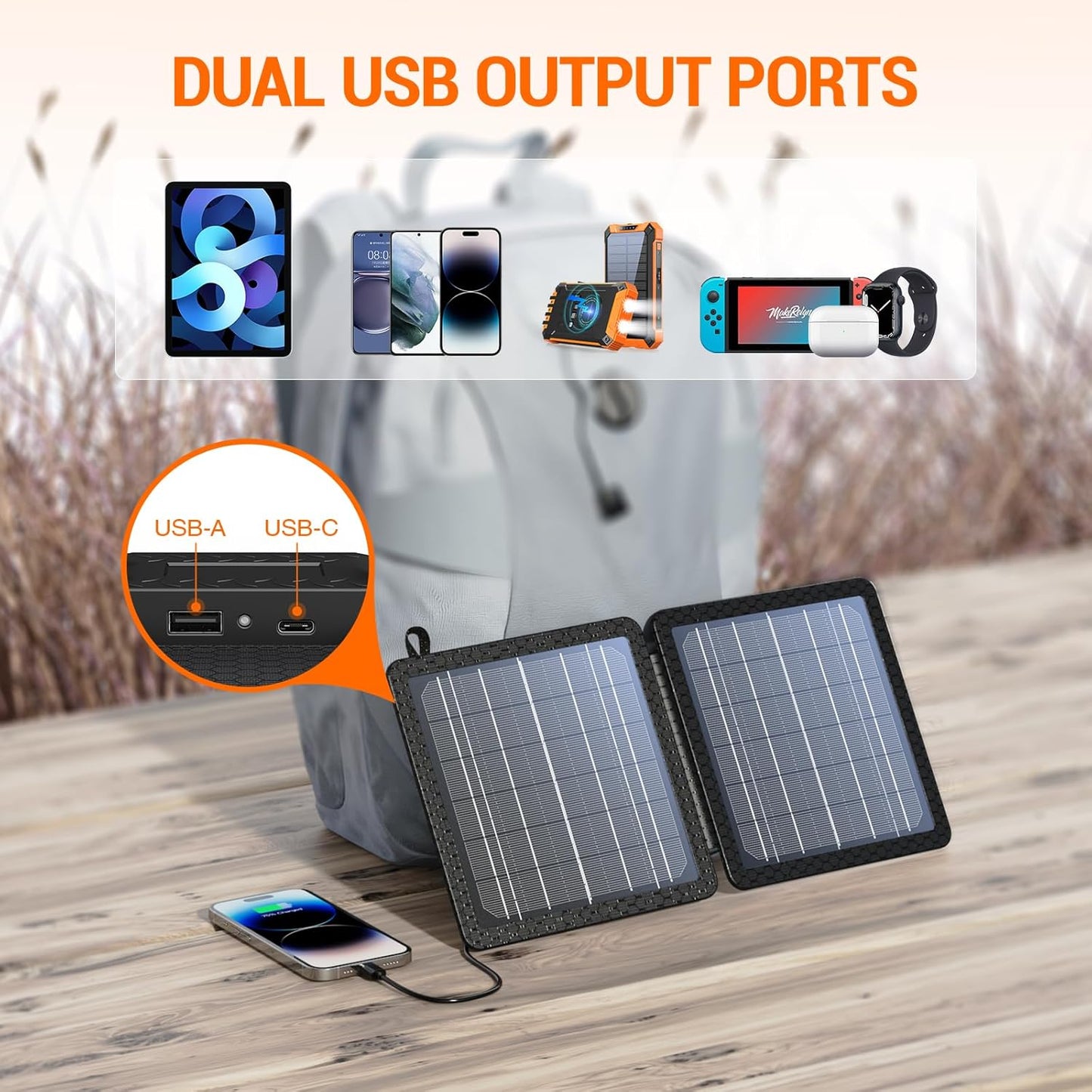 GOODaaa 10W Portable Solar Charger, Dual USB Outputs, Foldable Size, 24% High Conversion Efficiency, Waterproof &