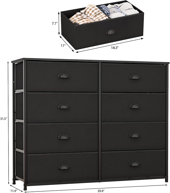 Furnulem Dresser with 8 Fabric Drawers, Wide Console Table for 50'' TV, Storage Organizer Unit for Bedroom, Office, Dorm, Closet, Hallway, Sturdy Metal Frame & Wood Top (Black)