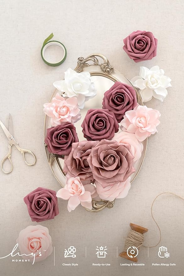Ling's Moment Artificial Flowers Fake Roses Faux Foam Gardenia Combo for DIY Wedding Bouquets Centerpieces Arrangements Bridal Shower Party Home Decorations, Mauve & Blush, 24pcs