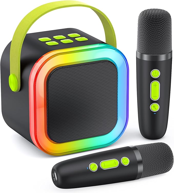 Mini Karaoke Machine for Kids Adults, Portable Bluetooth Mini Karaoke Microphone Singing Speaker Karaoke Player with 2 Wireless Mic, for All Smartphones,Birthday, Family,Home Party (Black Green)