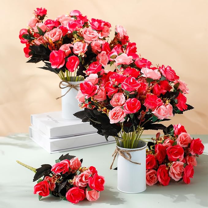 Hotop 12 Bunches of Artificial Flowers Centerpiece 13 Inches Silk Faux Roses Bouquets for Table Decoration Realistic Bouquet Arrangement Boho Faux Flowers for Wedding (Rose Red)