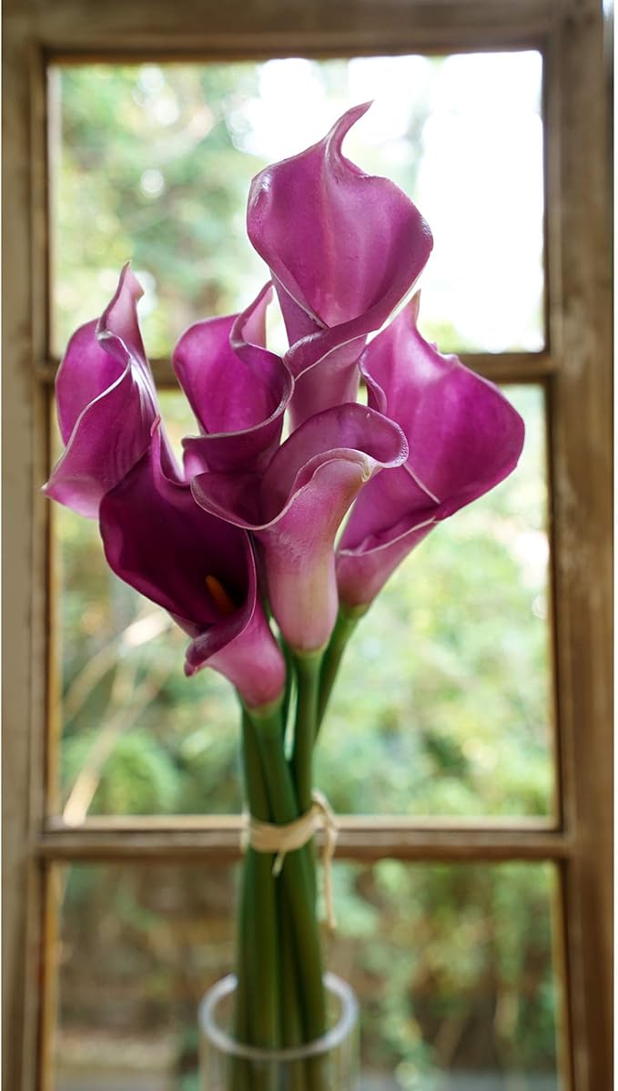 FiveSeasonStuff Real Touch Calla Lily Artificial Flowers, Wedding Bridal Floral Arrangements (25'' 6 Long Stems, Autumn Purple)