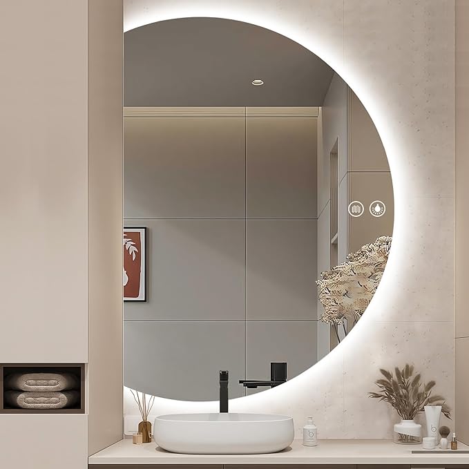 LED Bathroom Mirror with Lights, 44×31Inch Anti-Fog Backlit Vanity Mirror-Half Circle Mirrors with 3-Color, Dimmable Brightness, Shatter-Proof Decor Vanity Mirror