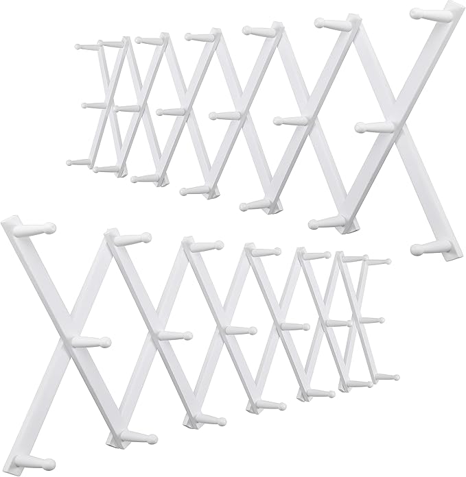 WEBI Accordion Wall Hanger,Expandable Wooden Coat Rack,Accordion Hat Rack for Wall,Accordion Hook Rack for Hats,Caps,20 Peg Hooks,White,2 Packs