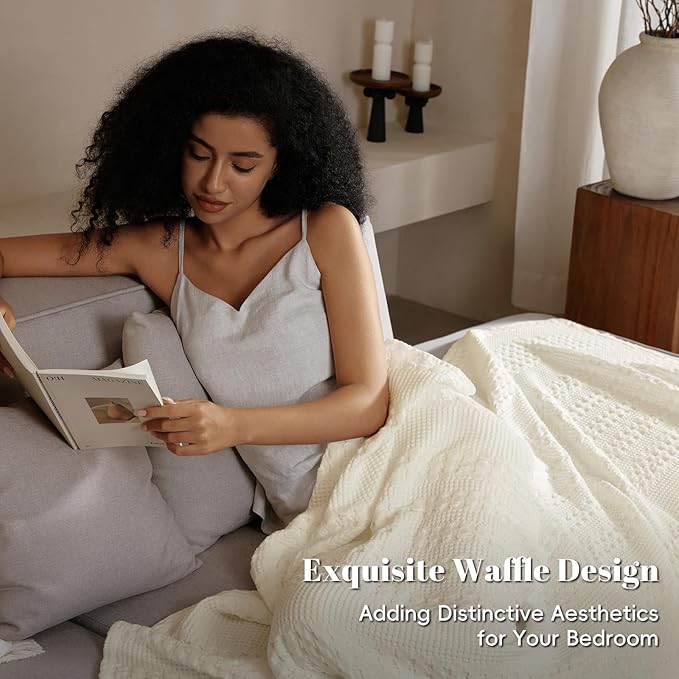 PHF 100% Cotton Waffle Weave Blanket King Size for Bed, Soft Lightweight & Breathable, All-Season Comfort, Luxury Aesthetic Woven Bedding for Home Decor, 108"x90", Cannoli Cream
