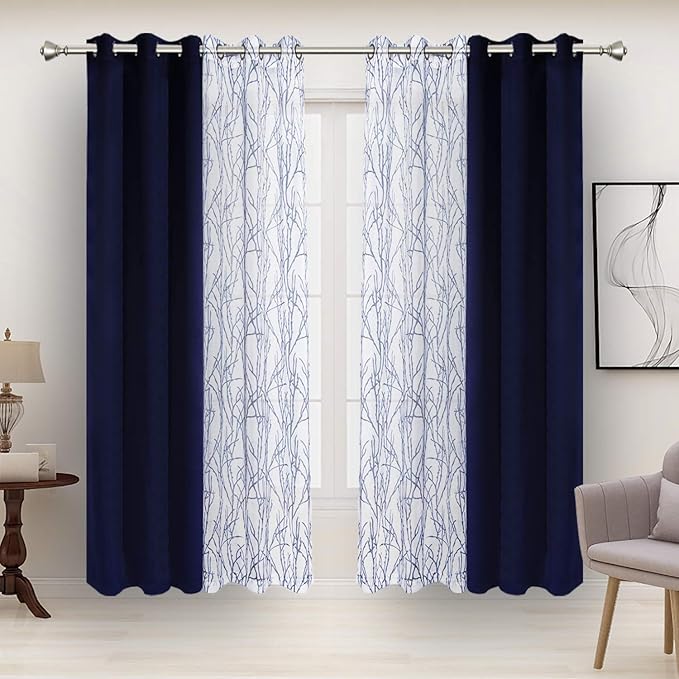 BONZER Mix and Match Curtains - 2 Pieces Branch Print Sheer Curtains and 2 Pieces Blackout Curtains for Bedroom Living Room Grommet Window Drapes, 37x95 Inch/Panel, Indigo, Set of 4 Panels