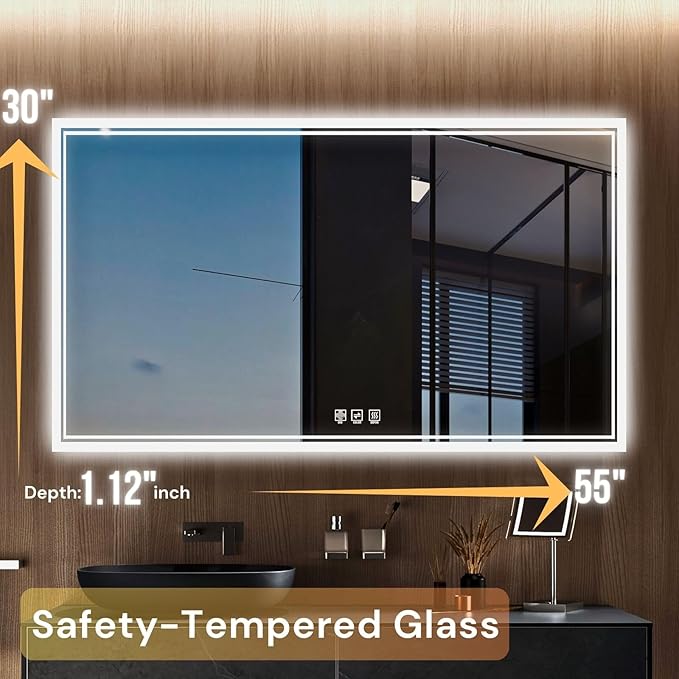 LED Bathroom Mirror 55"x 30", Backlit Bathroom Mirror with Lights,Stepless Dimmable,Anti-Fog, Shatter-Proof, Memory, 3 Colors Lighted Vanity Mirror (Horizontal/Vertical)