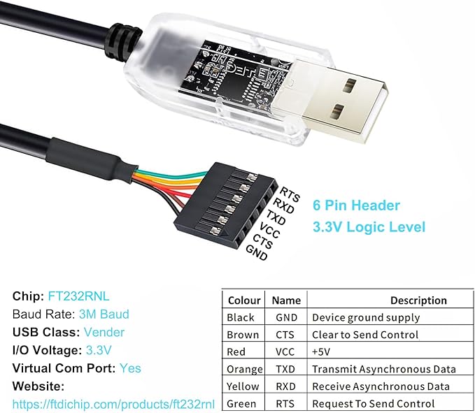 DTECH USB to TTL Adapter FTDI Chip 3.3V 6 Pin USB to UART Debug Cable FT232RNL IC Serial Converter 3ft LED Indicators Output 3.3 Volt for Windows 11 10 8 7 XP MAC Linux Easy Debugging and Programming