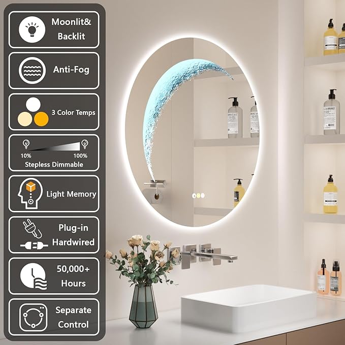 24'' Circle LED Mirror, Frameless Round Smart Mirror with Backlit & Half Moon Light, Anti-Fog, 3 Color Modes, Dimmable Wall-Mounted LED Vanity Mirrors for Bathroom, Bedroom, Entryway