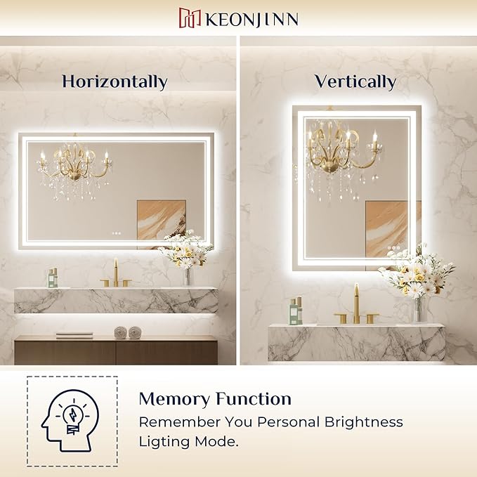 Keonjinn Bathroom LED Mirror 55" x 36" Front and Back Lights, Tempered Glass Stepless 3 Colors Temperature & Dimmable Large Wall Mirror, UL Listed LED Driver, Double Lighted Anti-Fog LED Vanity Mirror