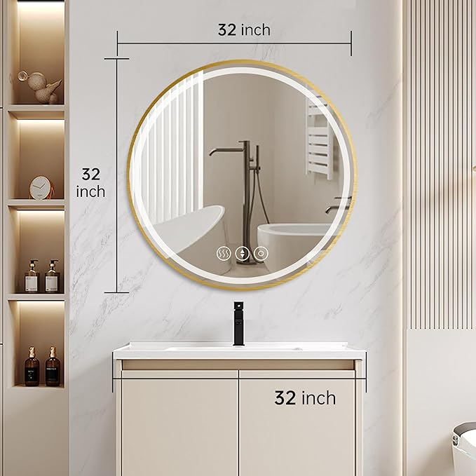 Gold Round Mirror 32 Inch, Metal Framed Frontlit Bathroom Mirror, Circle Mirrors for Wall, Led Light Mirror with Anti-Fog, Memory Function, 3 Color Temperature, Makeup Mirrors Dimmable