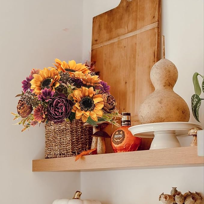 GTIDEA 2 Bundles Fall Flowers Bouquet Vintage Artificial Flowers Fake Sunflowers with Silk Peonies Orange Autumn Flowers for Home Table Centerpieces Wedding Festival Party Decor