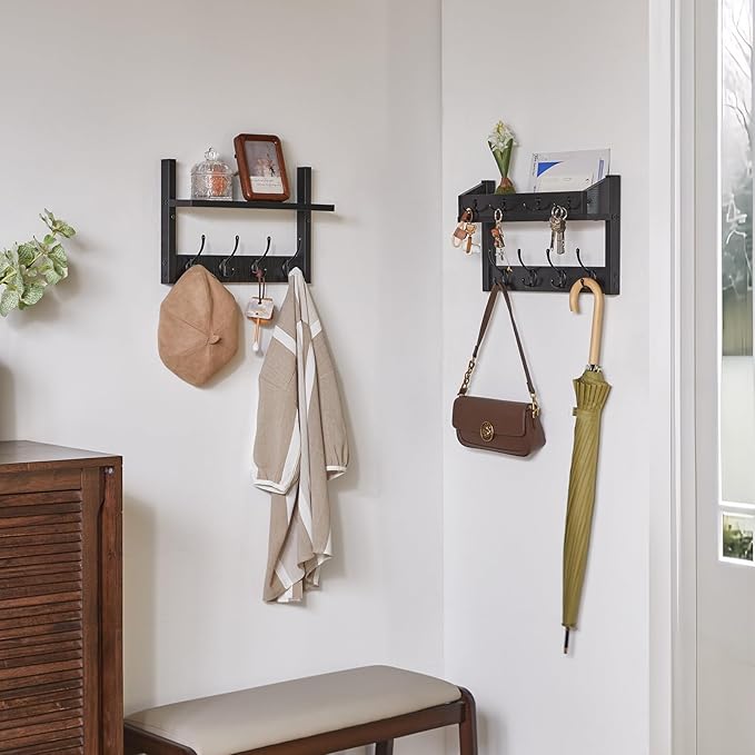 YMYNY 31.5" Coat Rack Wall Mount with Shelf, 4 in 1 Key and Coat Hanger with 12 Metal Hooks, Wall Shelf with Hooks & Mail Holder for Living Room, Bedroom, Black, HWS007B-2