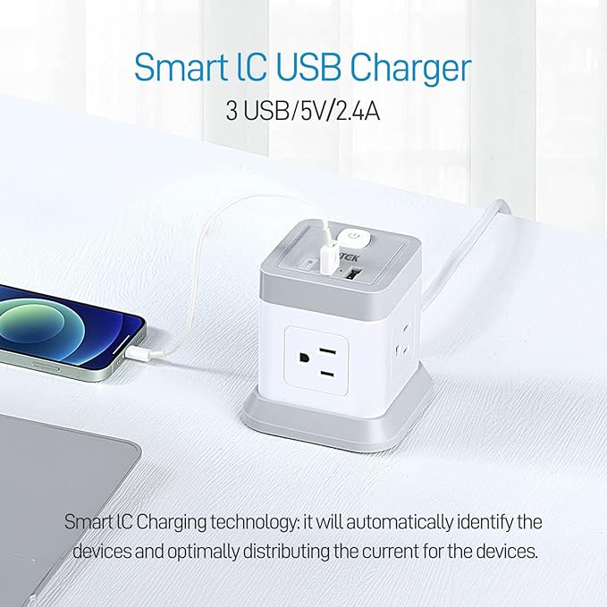 Power Strip with USB C, FDTEK Desktop Power Cube Strip, 10 FT Extension Cord with 4 Outlets and 3 USB, Compact Power Strips Tower for Travel Home Office Cruise Ship - White