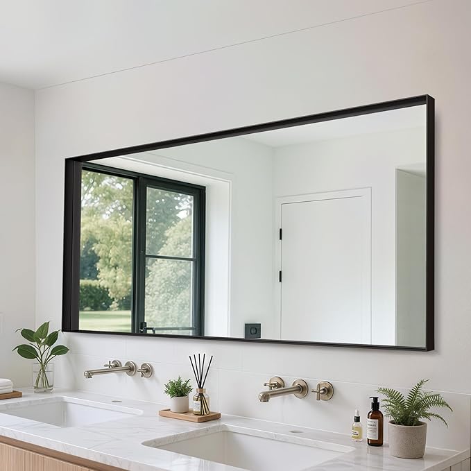 Suidia Bathroom Mirror, 60" x 30" Wall Mirror Metal Framed, Bathroom Vanity Mirror for Living Room Bedroom Bathroom Entryway, Black, Rect Corner Style