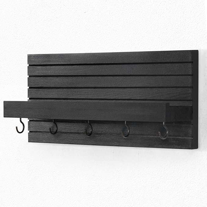 Decorative Key Holder for Wall with Shelf, Entryway Shelf with Hooks Holds Leashes, Jackets and Glasses – Sturdy Wood Keyholder Entrance Hanger with Mounting Hardware (Black, Medium)