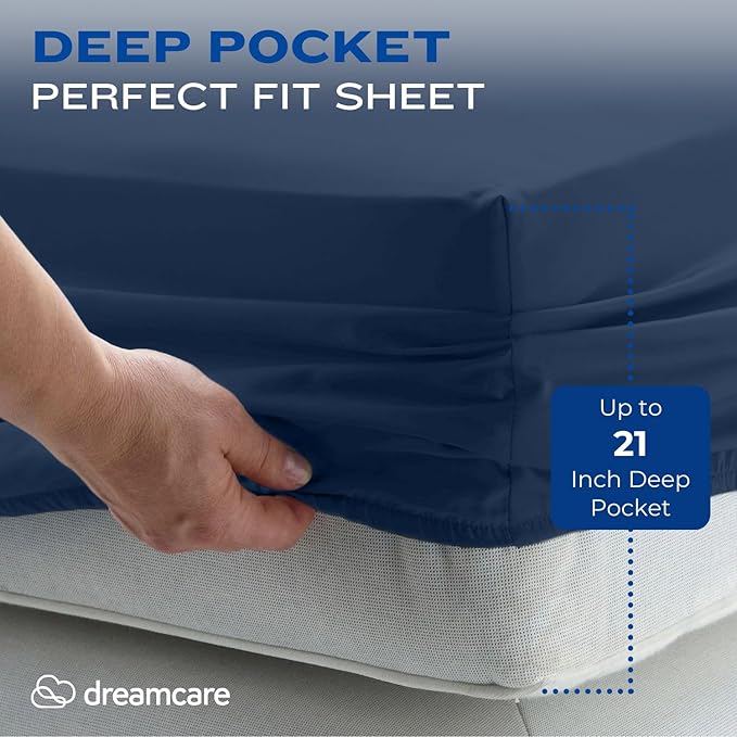 DREAMCARE California King Sheet Sets – 4 pcs Cooling Sheets – up to 21” Deep Cal King Sheets – Hotel Luxury Pillowcases – Superior Softness 100% Fine Microfiber with Side Pocket – Navy Blue