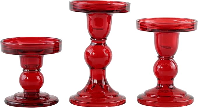 GMWD 3 Pcs Red Glass Candle Holder Set Clear, Christmas Candlesticks Holders Pillar Taper Candles Tealight Stand for Wedding Centerpieces Home Decorations Dining Table
