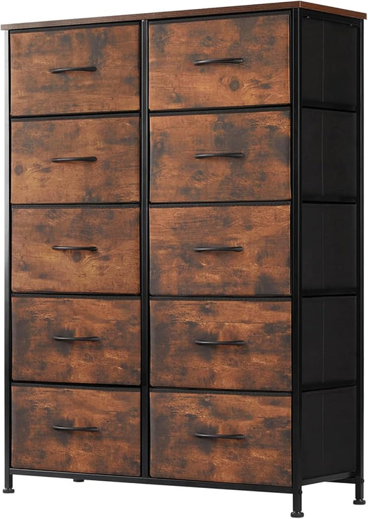 DUMOS Dresser for Bedroom, 10 Storage Drawers, Wide Fabric Closet Chests Organizer Tower Furniture with Wooden Top Metal Frame for Clothes, Guest Room, Living Room, Hallway, Entryway