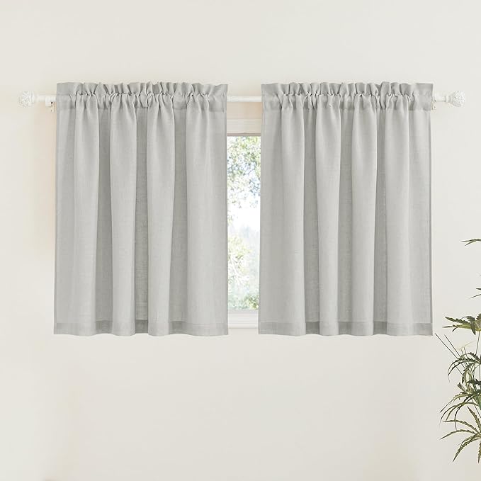 RYB HOME Linen Textured Sheer Curtains 45 inch Length, Half Privacy Sheers Drapes for Bathroom Bedroom Small Window Decor, Deep Grey, W 52 x L 45 inches, Set of 2